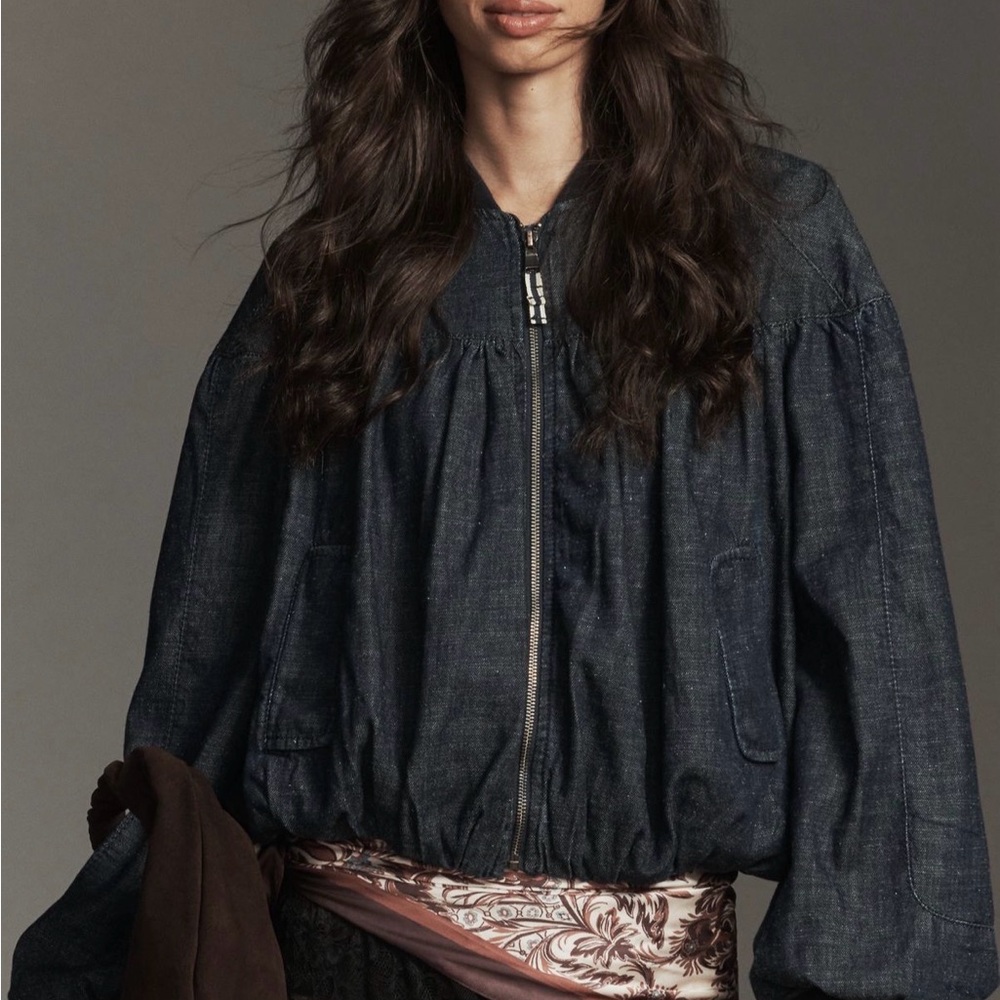 NWT Anthropologie Denim Bubble Bomber Jacket Size L